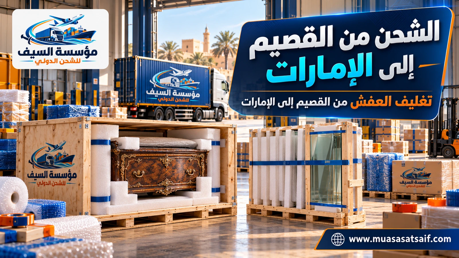 تغليف الأثاث في القصيم قبل الشحن إلى الإمارات — مؤسسة السيف