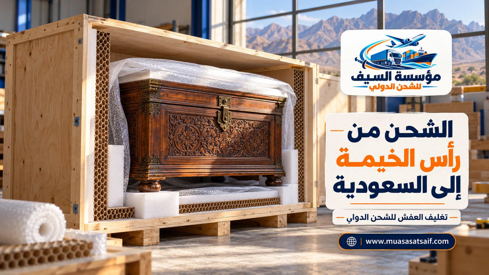 تغليف أثاث الفلل قبل الشحن من رأس الخيمة إلى السعودية — مؤسسة السيف