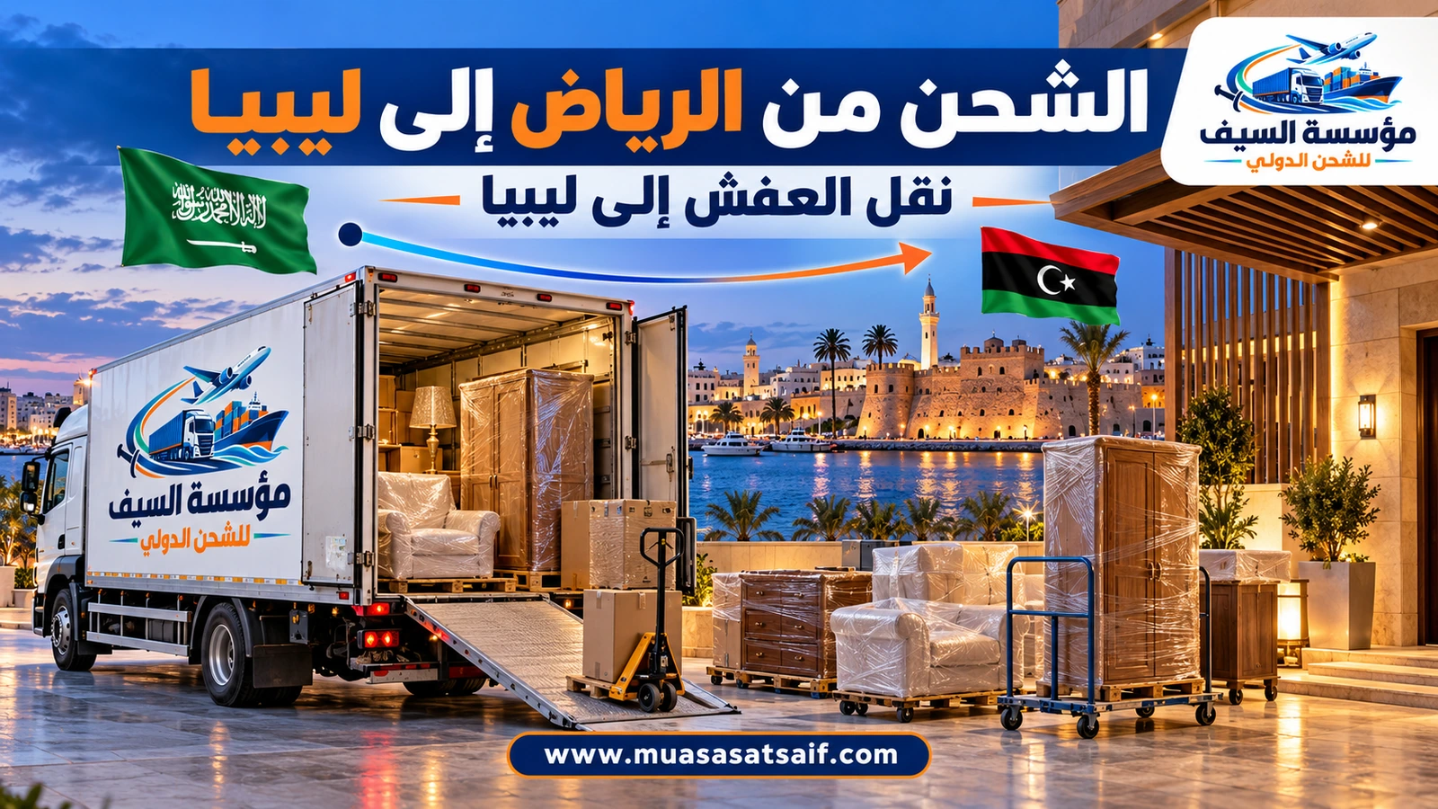 تحميل أثاث من فيلا في الرياض داخل حاوية متجهة إلى ليبيا — مؤسسة السيف