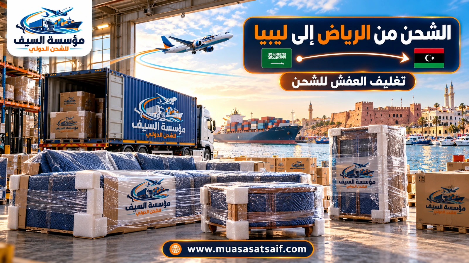 تغليف أثاث بيت في الرياض قبل شحنه إلى ليبيا — مؤسسة السيف
