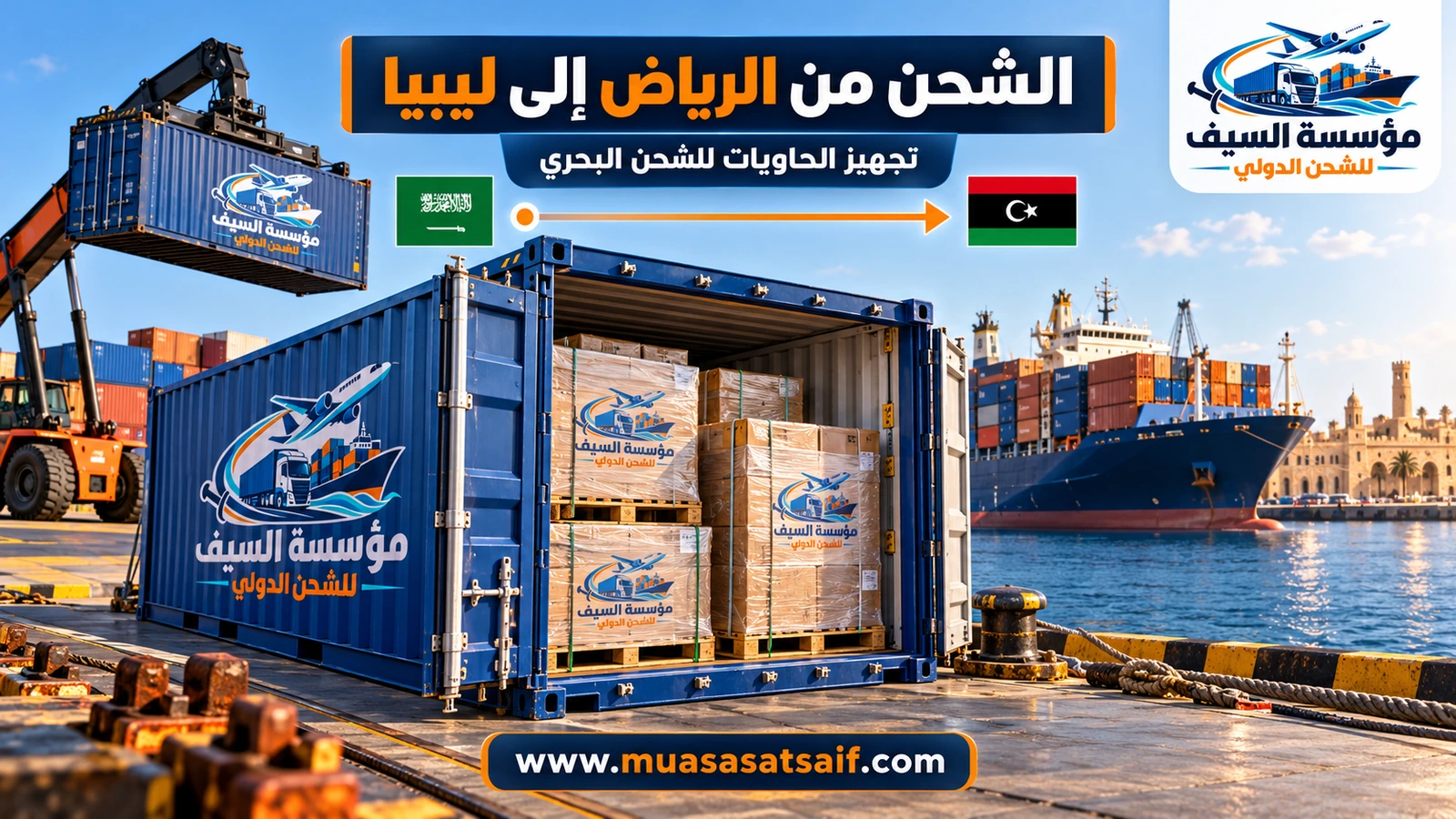 تفريغ حاوية من الرياض وتخليصها في ميناء مصراتة بليبيا — مؤسسة السيف