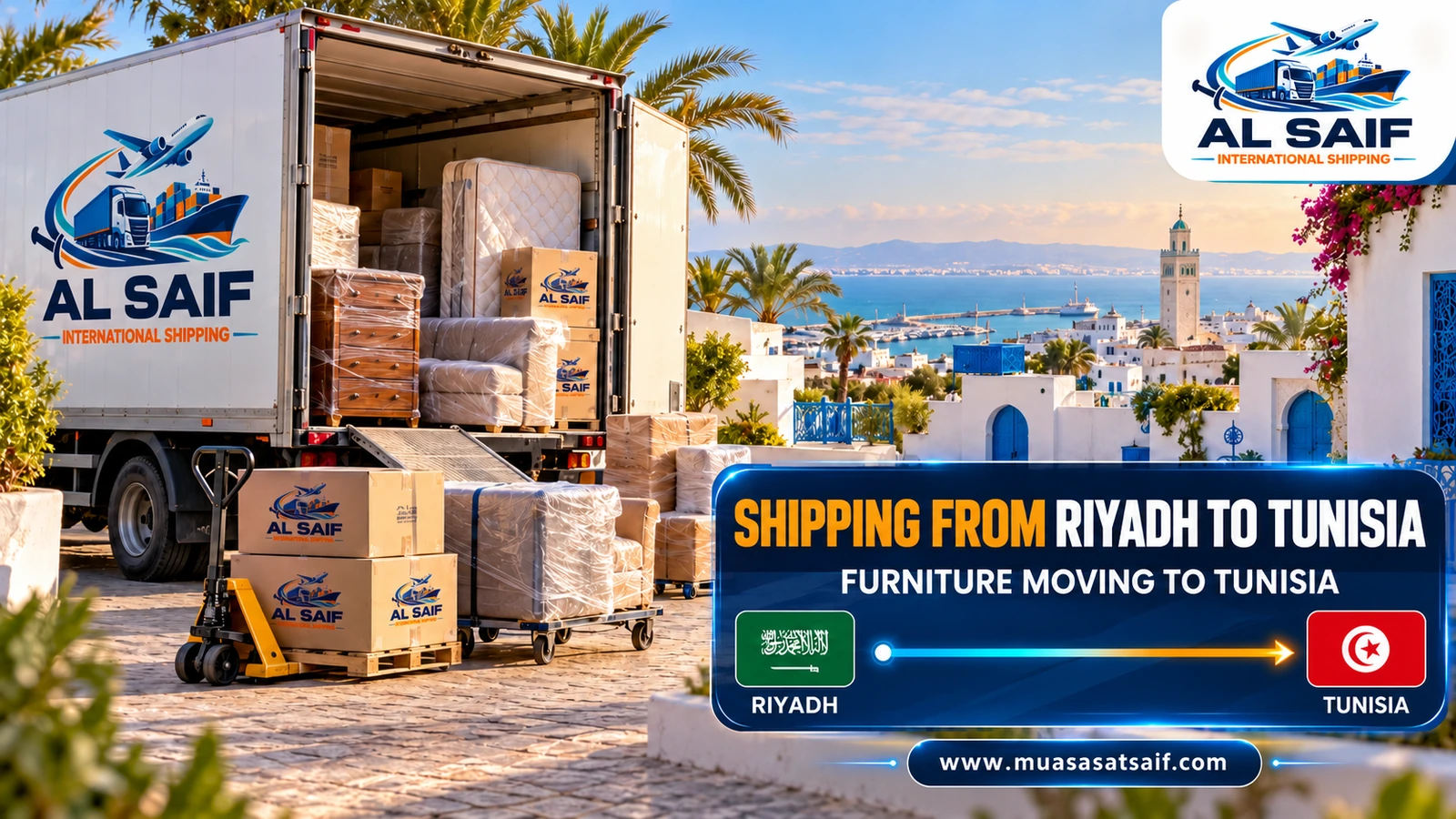 Loading furniture from a Riyadh villa into a container bound for Tunisia — Al Saif