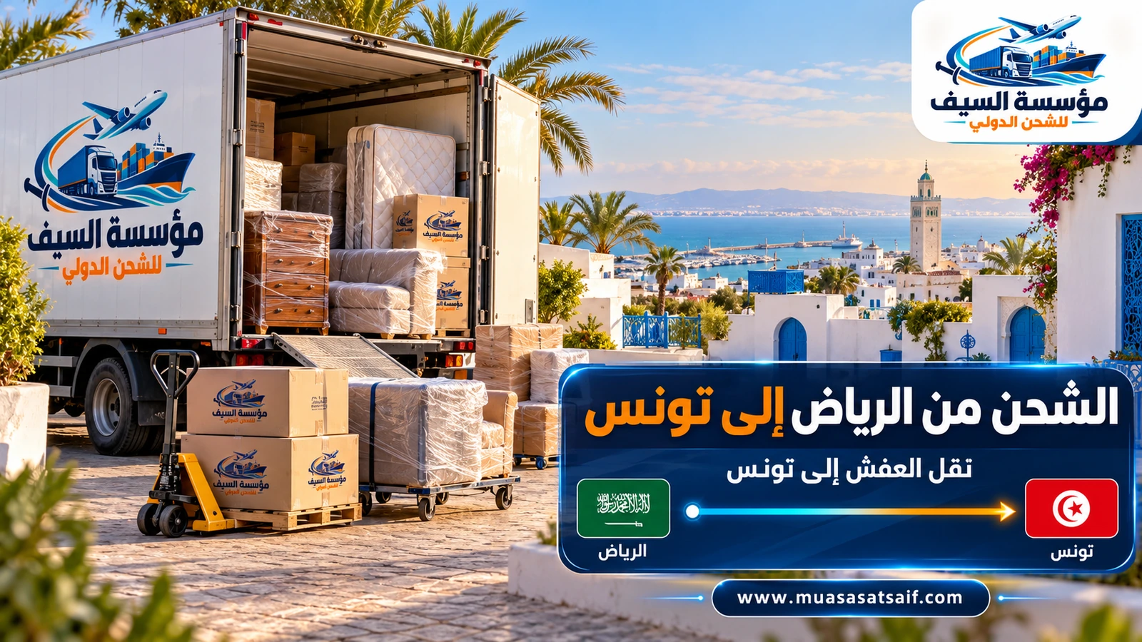 تحميل أثاث من فيلا في الرياض داخل حاوية متجهة إلى تونس — مؤسسة السيف