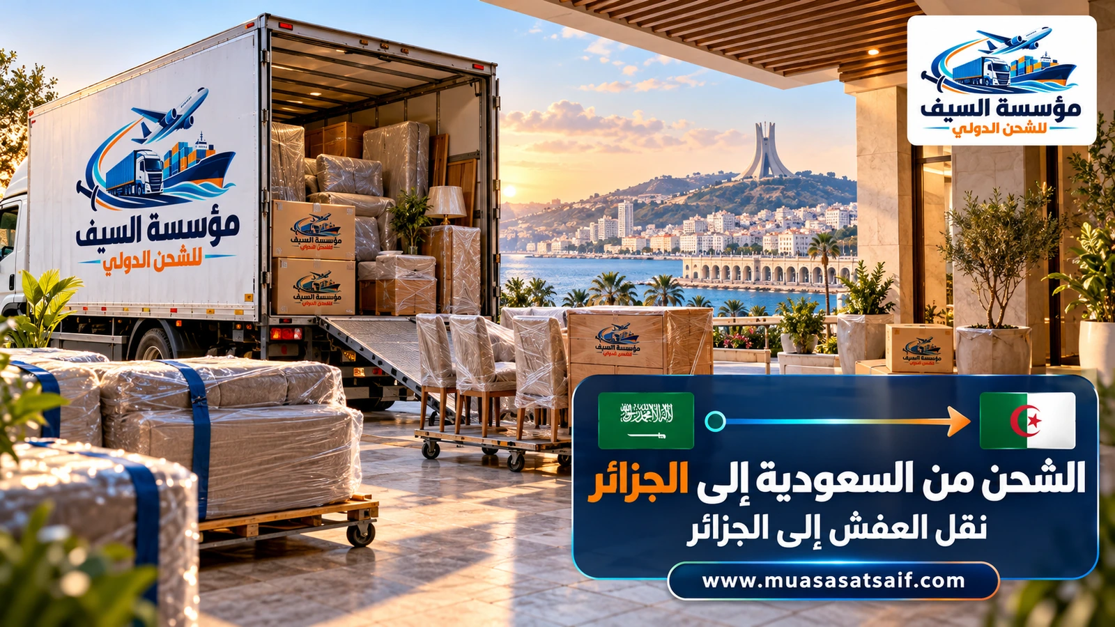 تحميل أثاث داخل حاوية متجهة من المملكة إلى الجزائر — مؤسسة السيف