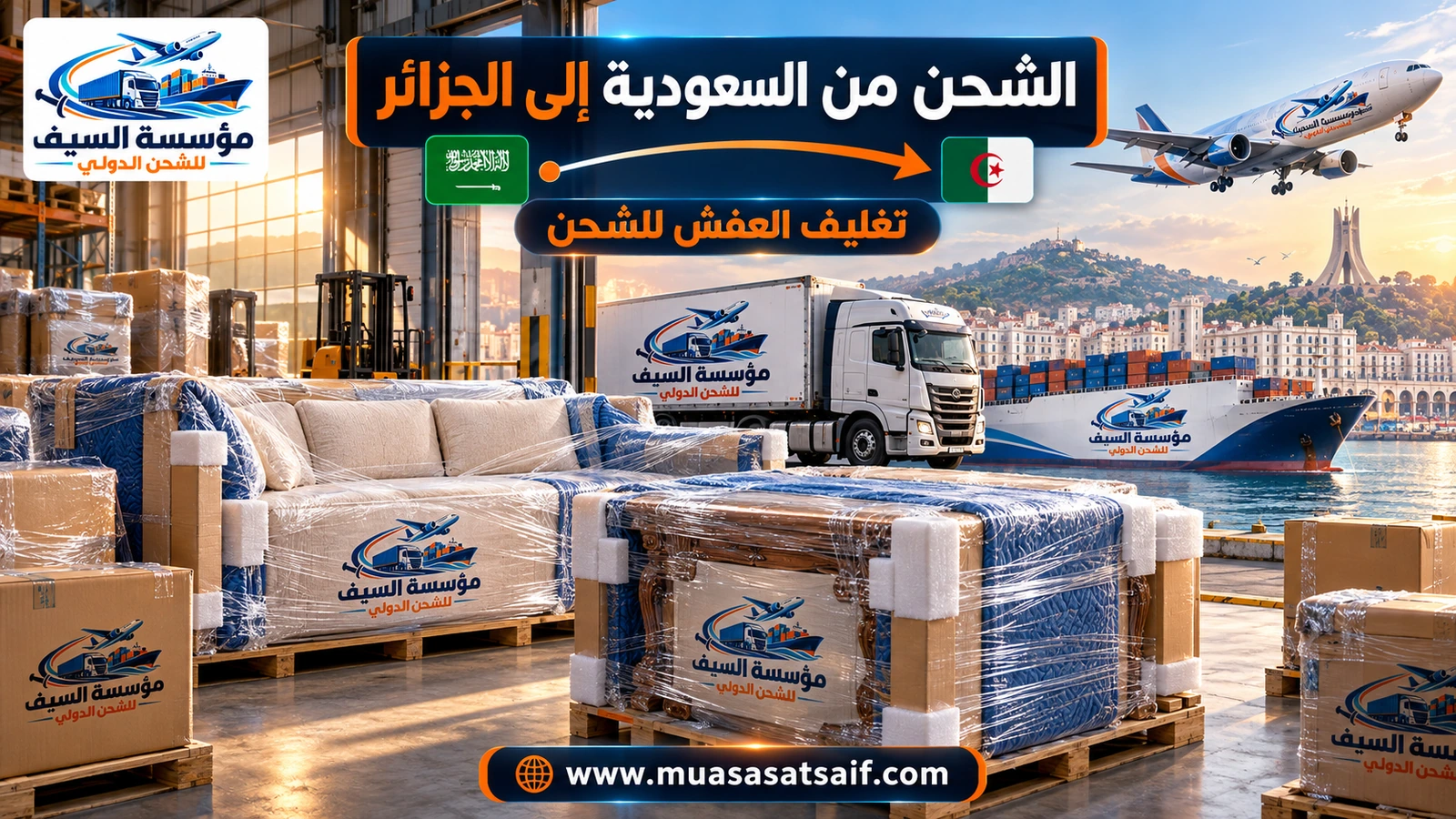 تغليف أثاث منزل في المملكة قبل شحنه إلى الجزائر — مؤسسة السيف