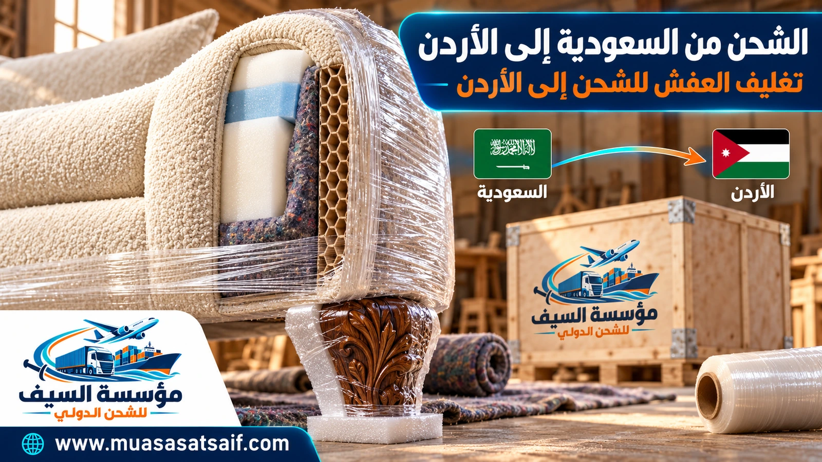 تغليف الأثاث قبل شحنه من السعودية إلى الأردن — مؤسسة السيف