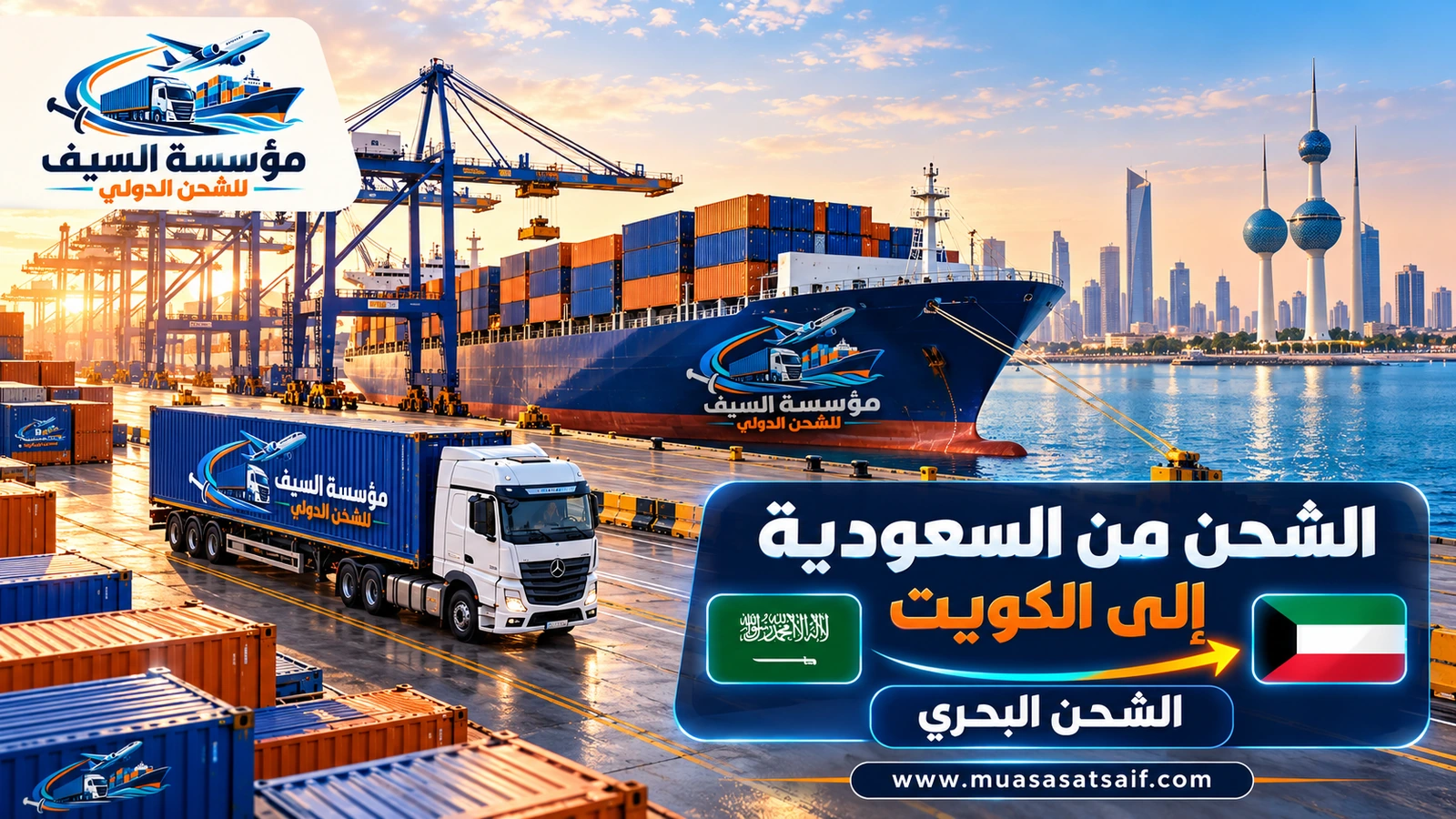 شحن الحاويات التجارية من ميناء الدمام إلى ميناء الشويخ — مؤسسة السيف