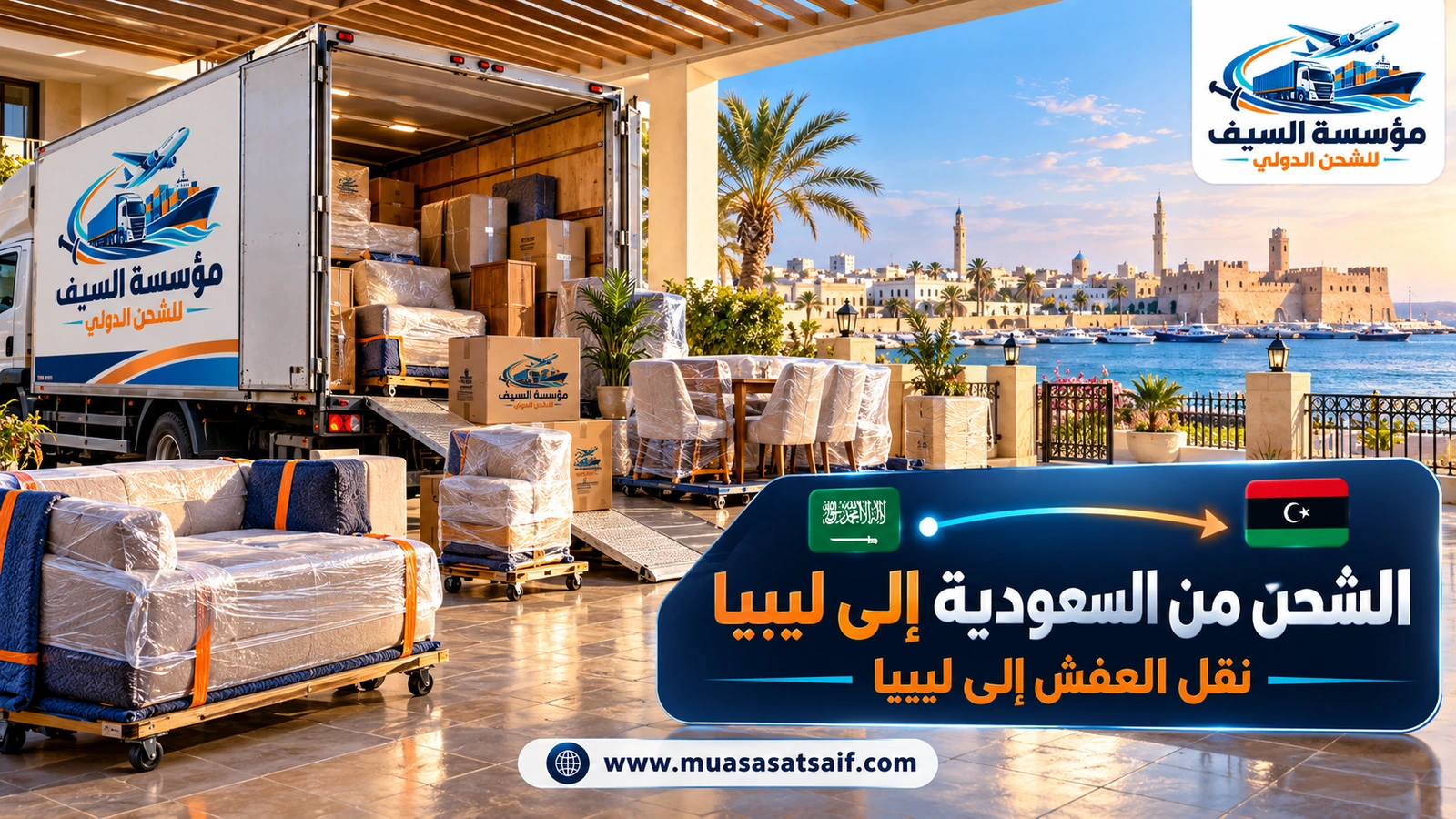 تحميل أثاث منزل داخل حاوية متجهة من السعودية إلى ليبيا — مؤسسة السيف
