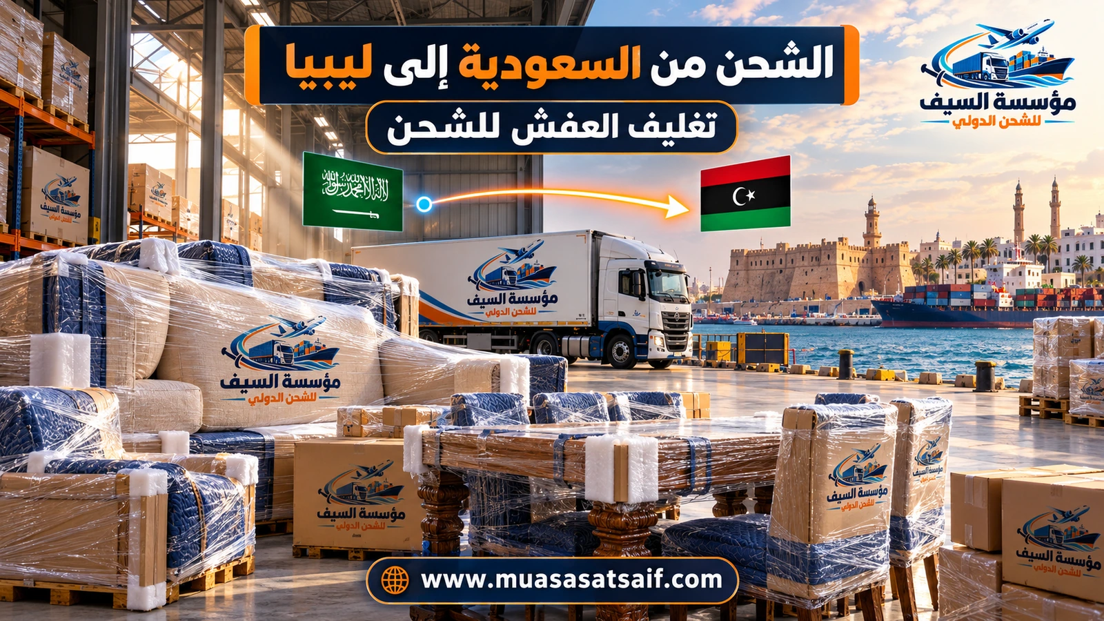 تغليف أثاث منزل في السعودية قبل شحنه إلى ليبيا — مؤسسة السيف