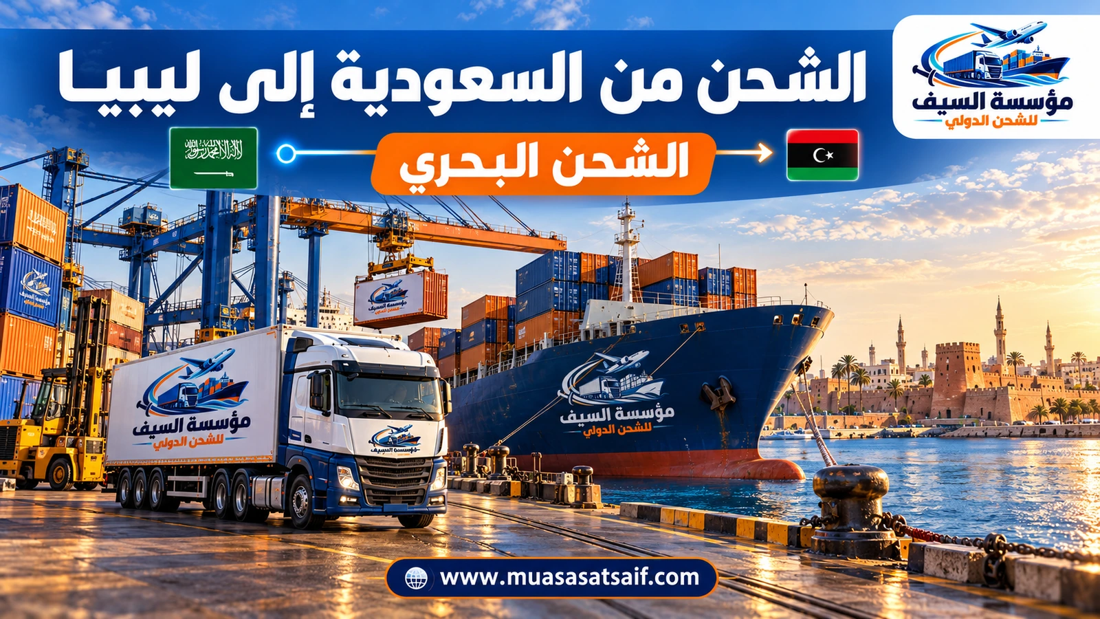 سفينة حاويات تبحر من ميناء جدة الإسلامي إلى موانئ ليبيا — مؤسسة السيف