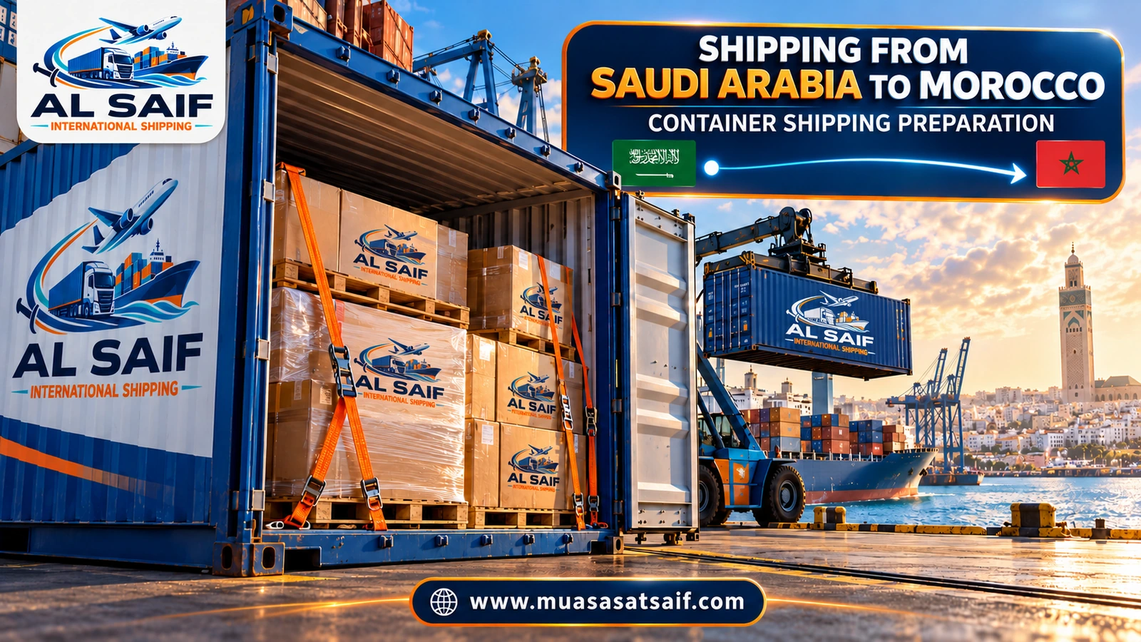 A truck carrying a furniture container from a Saudi city to Jeddah Islamic Port for shipping to Morocco — Al Saif
