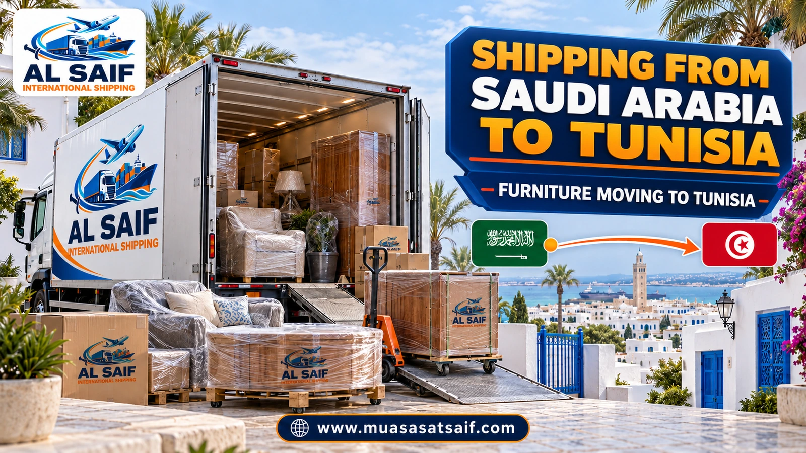 Loading furniture from a home in the Kingdom into a container bound for Tunisia — Al Saif