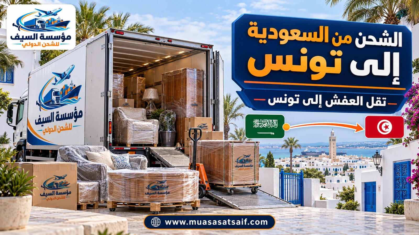 تحميل أثاث من بيت في المملكة داخل حاوية متجهة إلى تونس — مؤسسة السيف