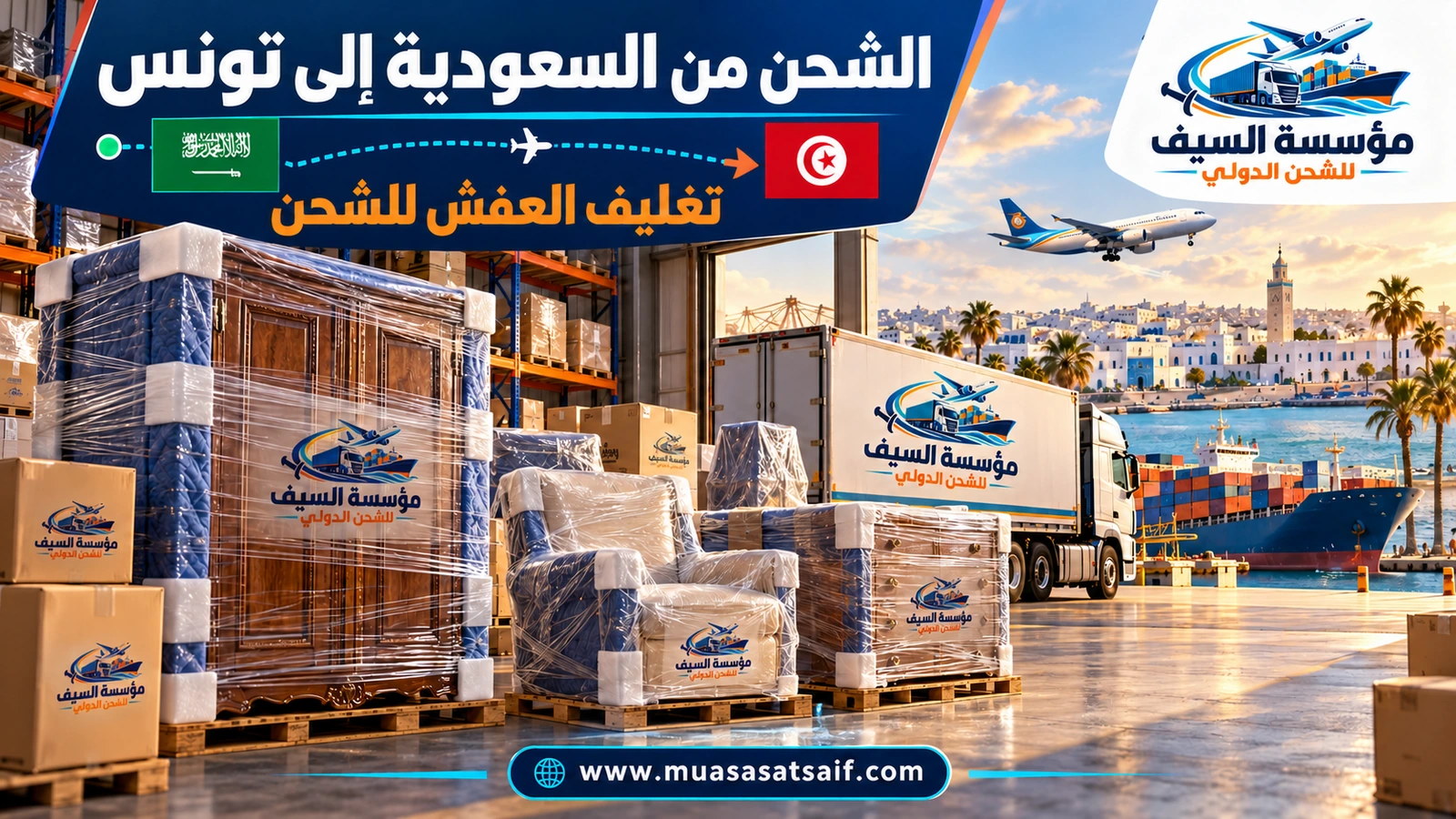 تغليف أثاث بيت في المملكة قبل شحنه إلى تونس — مؤسسة السيف