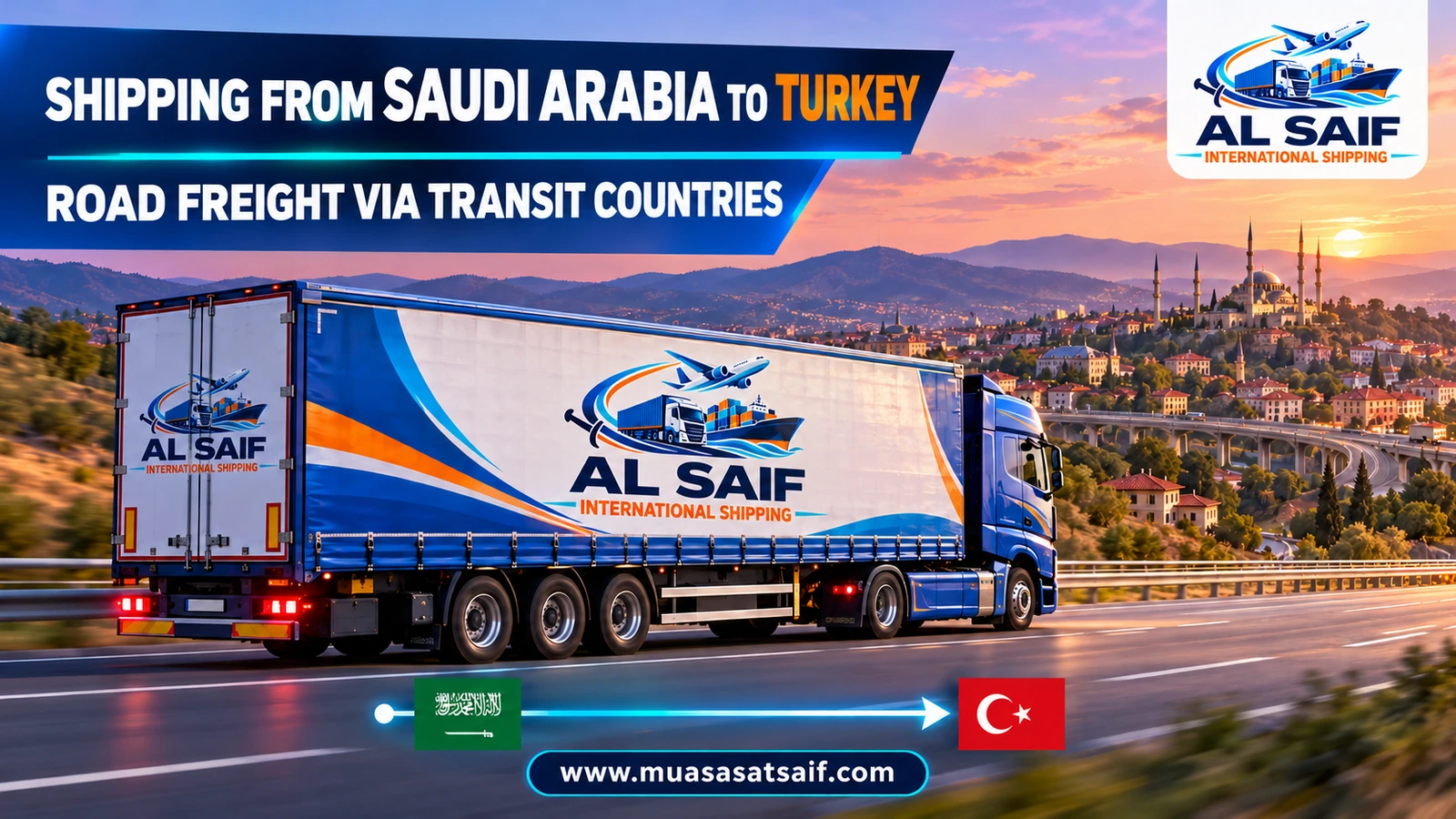 A truck carrying a container from a Saudi city to Jeddah port for shipping to Turkey — Al Saif