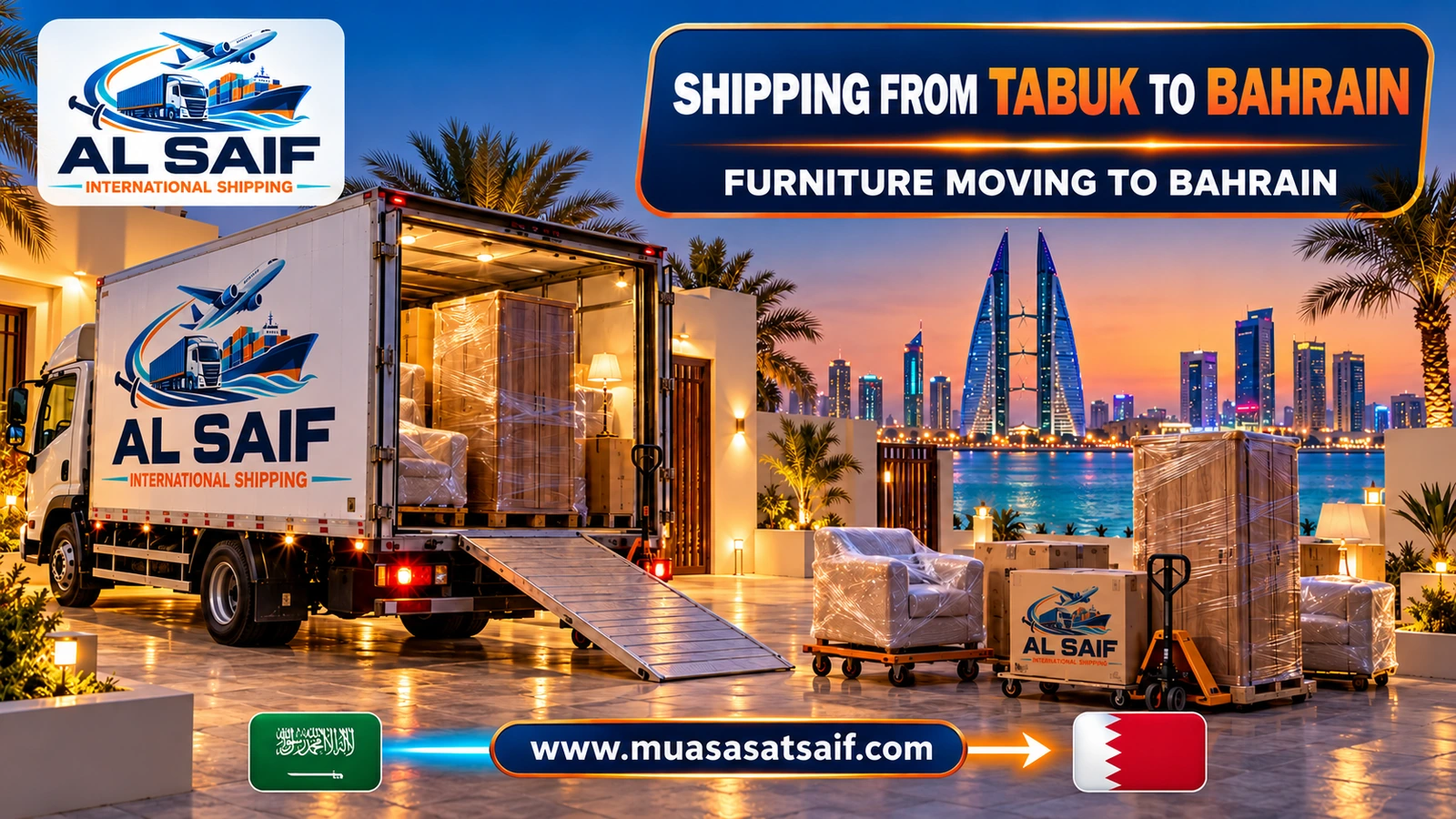 Loading furniture in Tabuk onto a truck bound for Bahrain — Al Saif