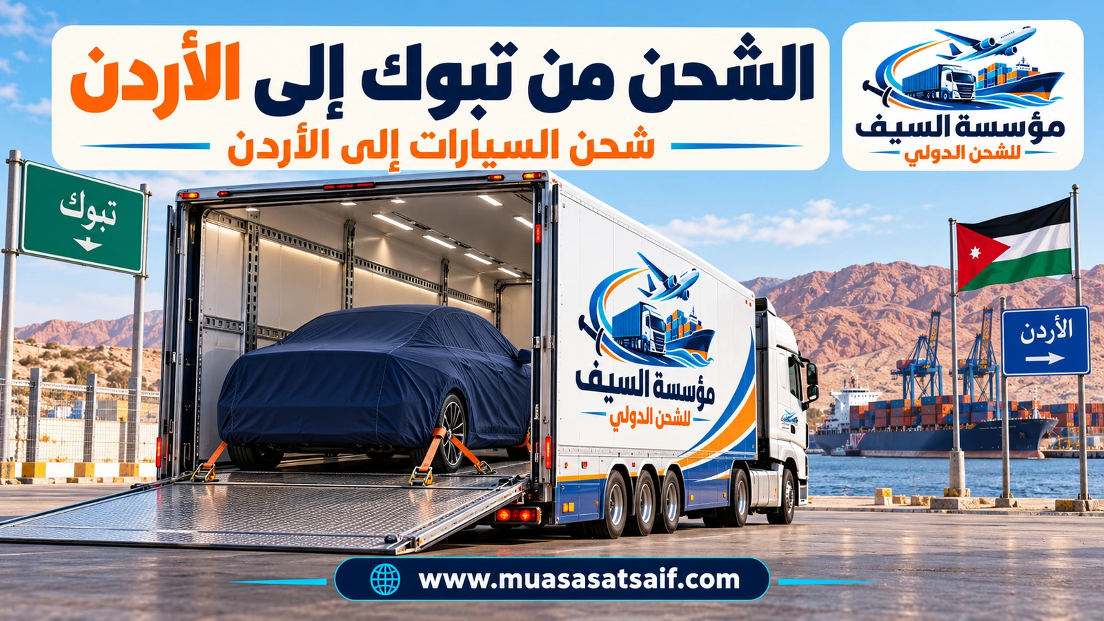 سيارة مغطاة في ساحة تحميل احترافية قبل شحنها من تبوك إلى الأردن — مؤسسة السيف