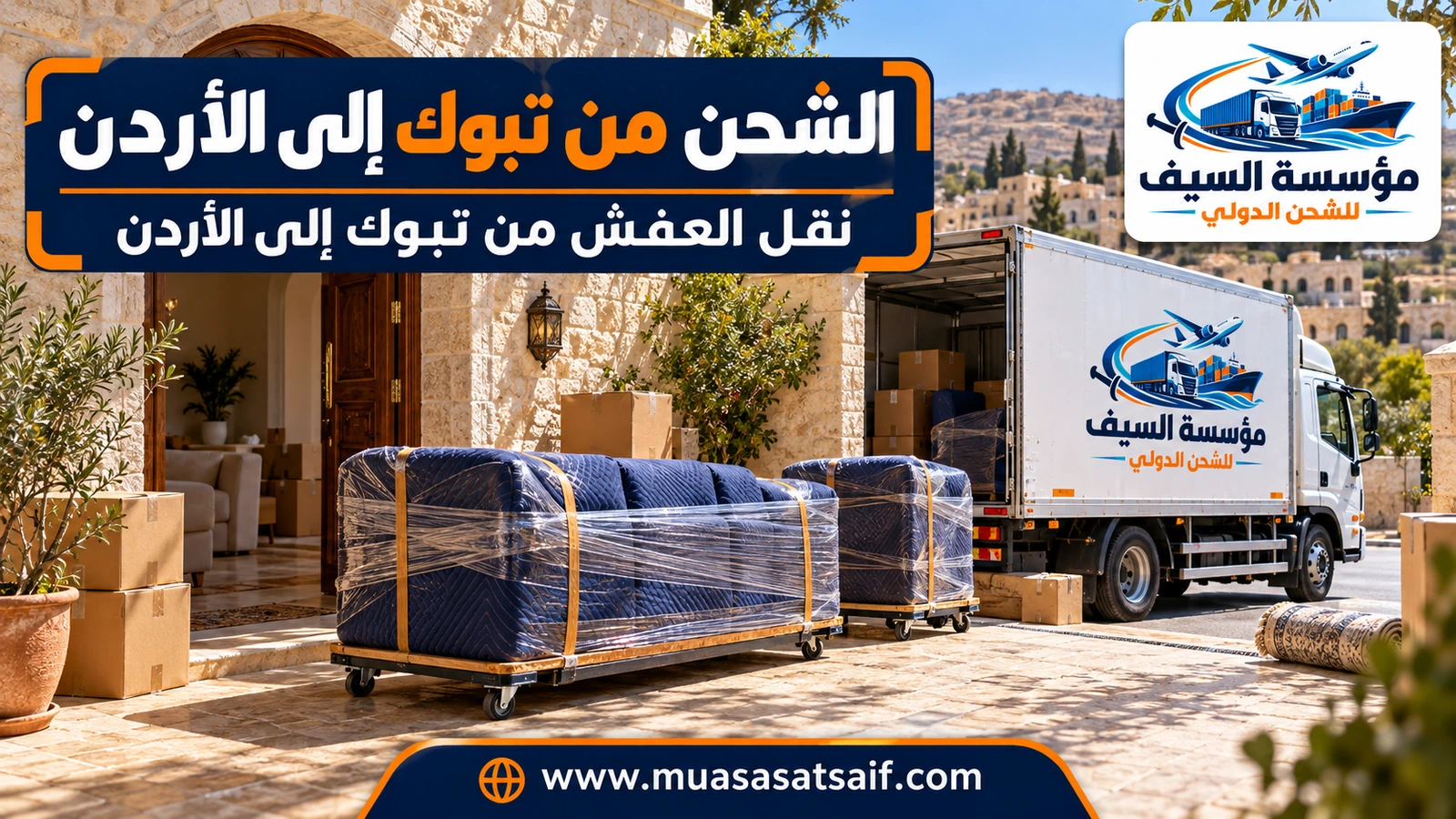 تحميل أثاث من تبوك على شاحنة متجهة إلى الأردن — مؤسسة السيف