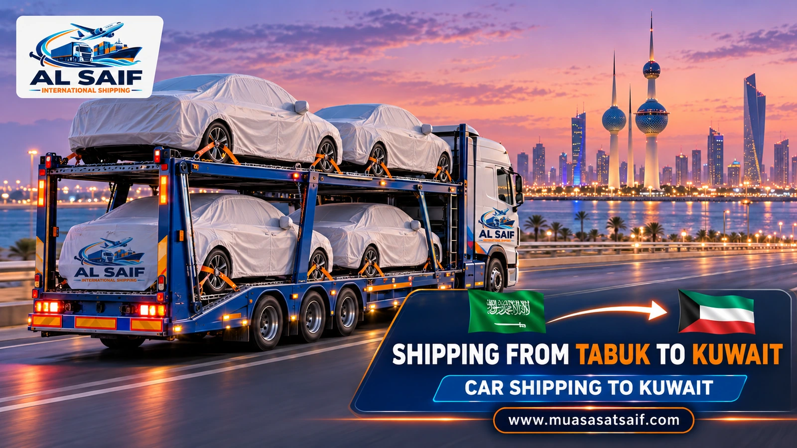 A covered car in a professional loading yard before shipping from Tabuk to Kuwait — Al Saif