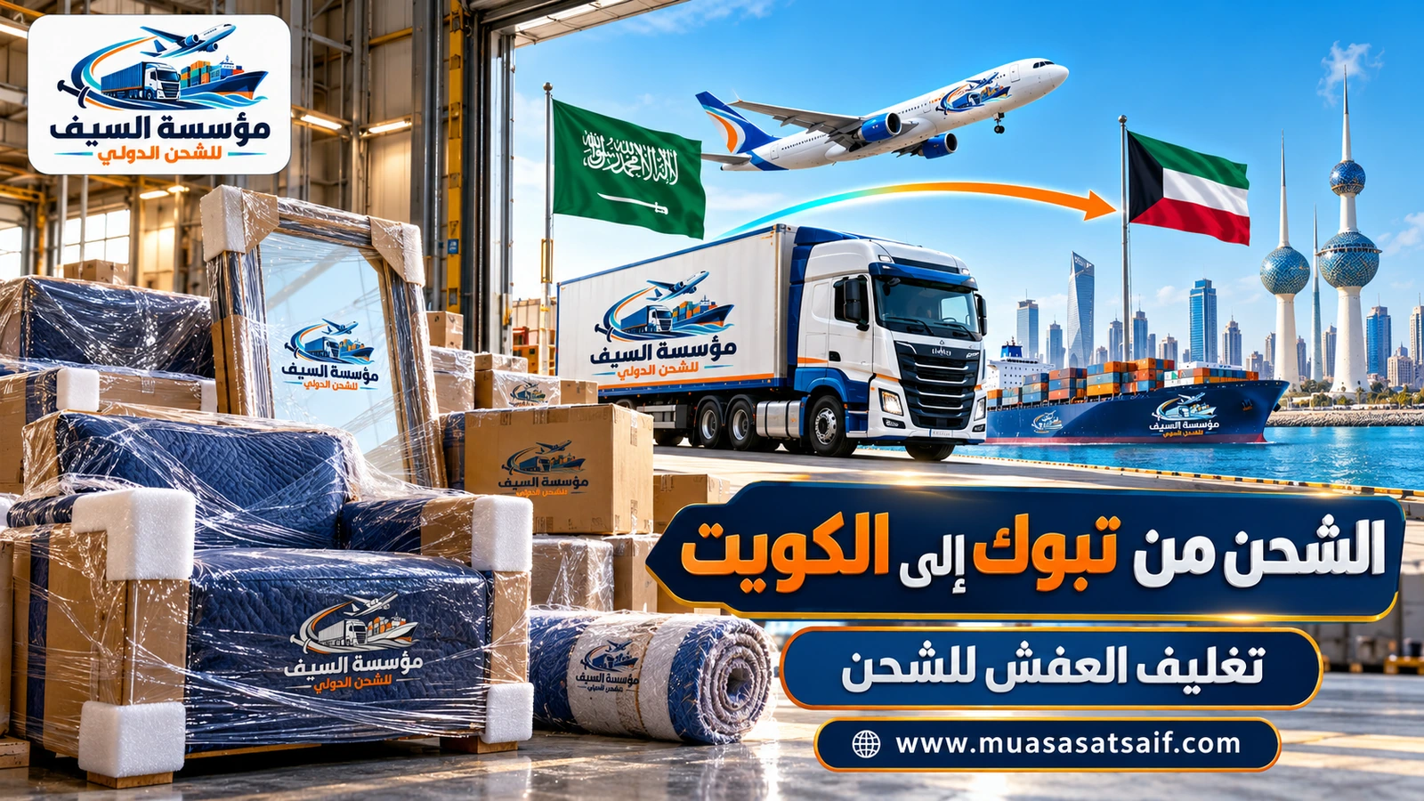 تغليف أثاث منزل في تبوك قبل شحنه إلى الكويت — مؤسسة السيف