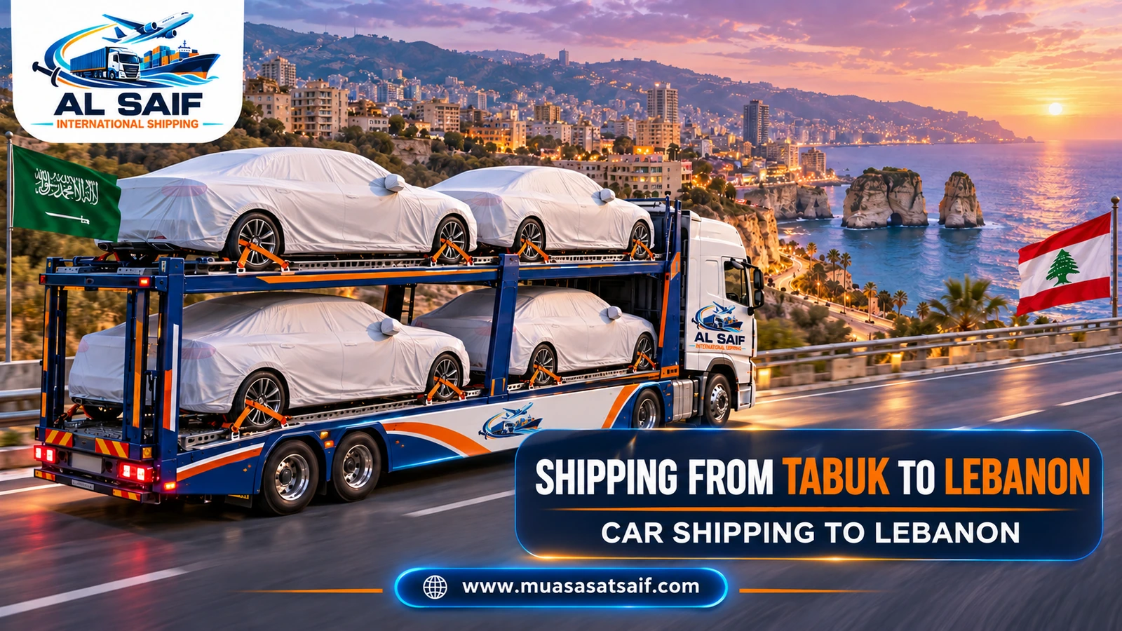 A covered car in a professional loading yard before shipping from Tabuk to Lebanon — Al Saif