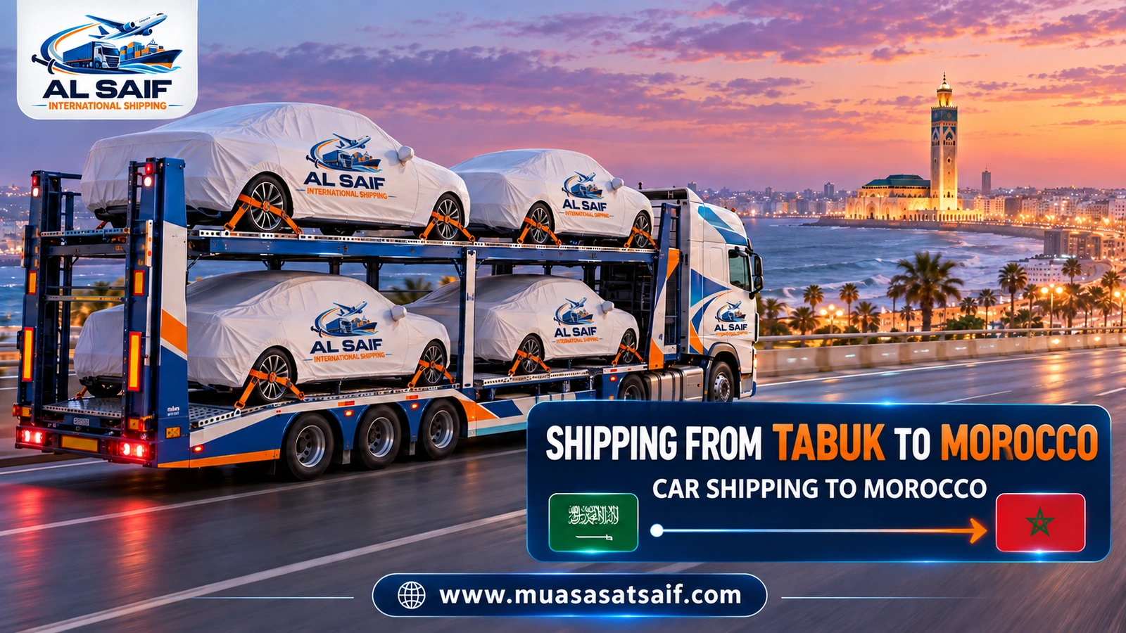 SUV being secured inside a container at a loading yard before shipping from Tabuk to Morocco — Al Saif