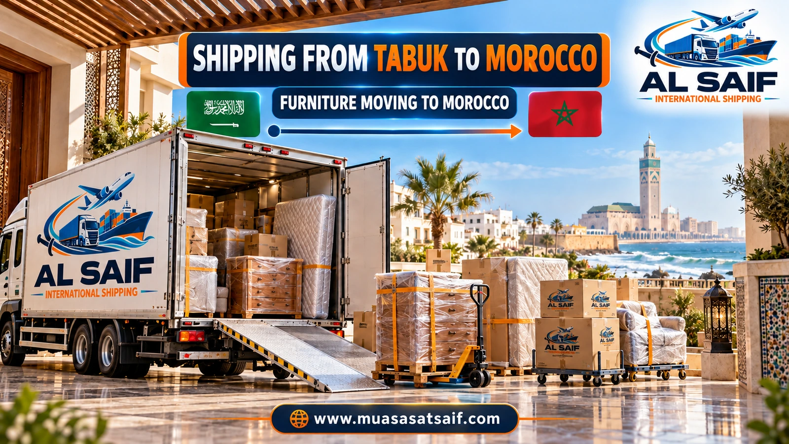 Al Saif crew loading furniture from Tabuk into a container for Morocco