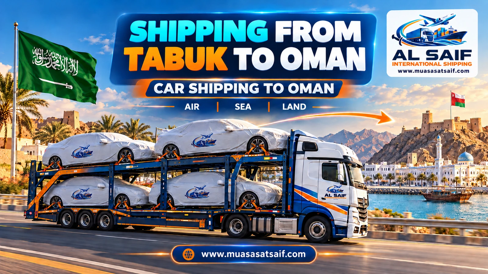 A covered car in a professional loading yard before shipping from Tabuk to Oman — Al Saif