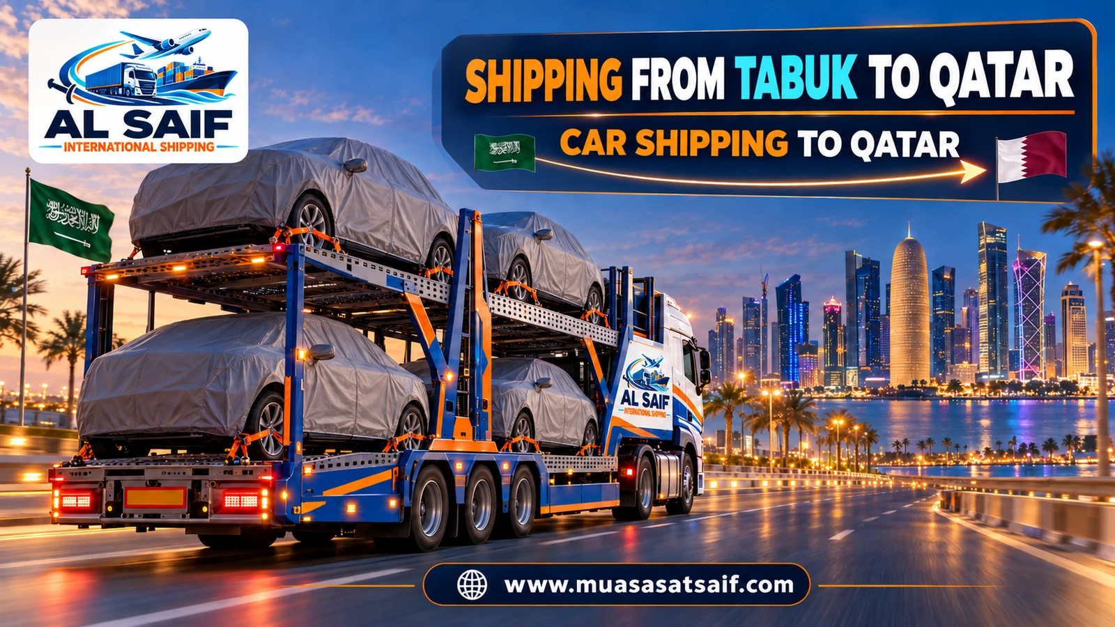 Covered car on a carrier shipping from Tabuk to Qatar — Al Saif