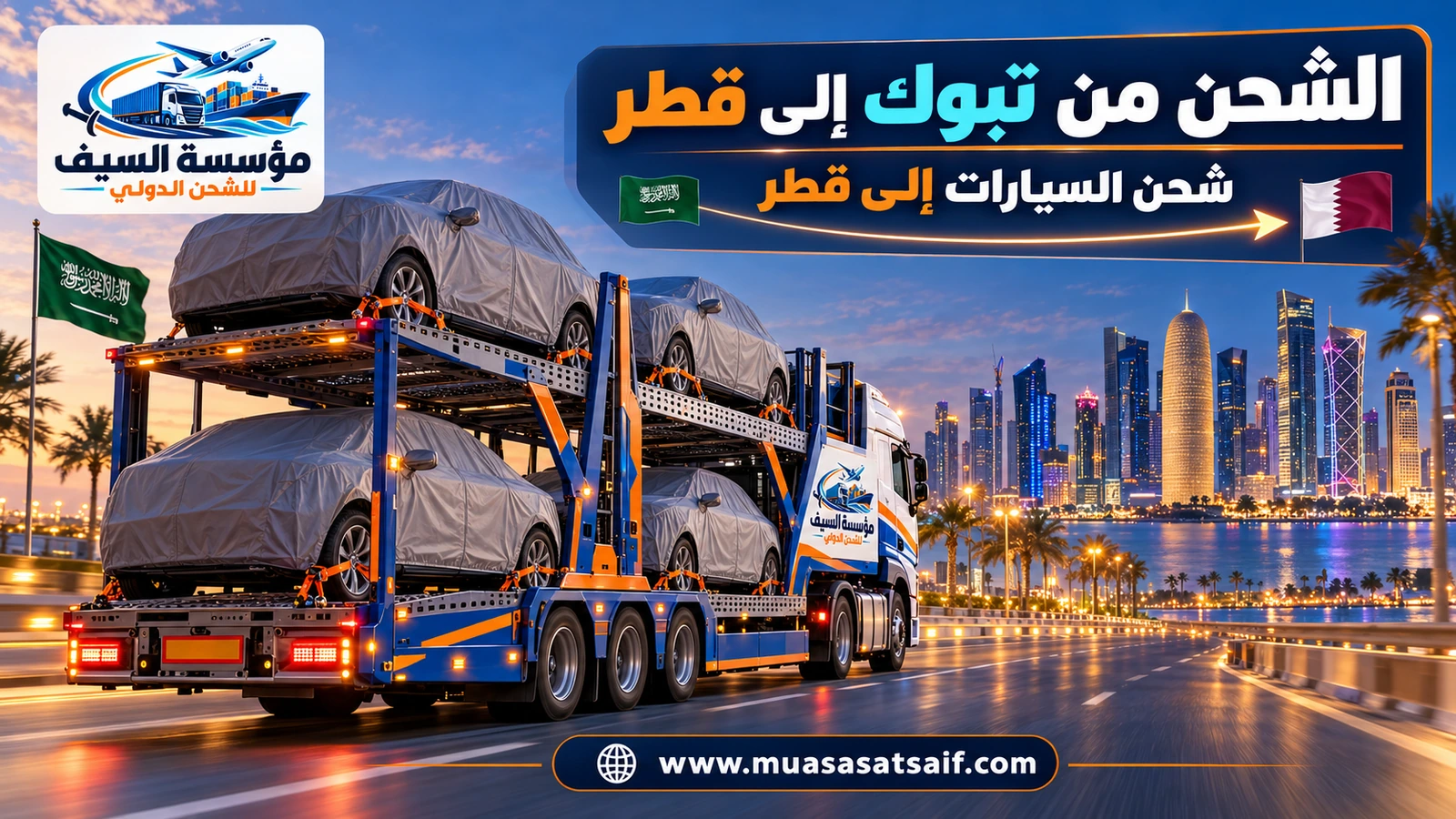 سيارة مغطاة على ناقلة شحن من تبوك إلى قطر — مؤسسة السيف