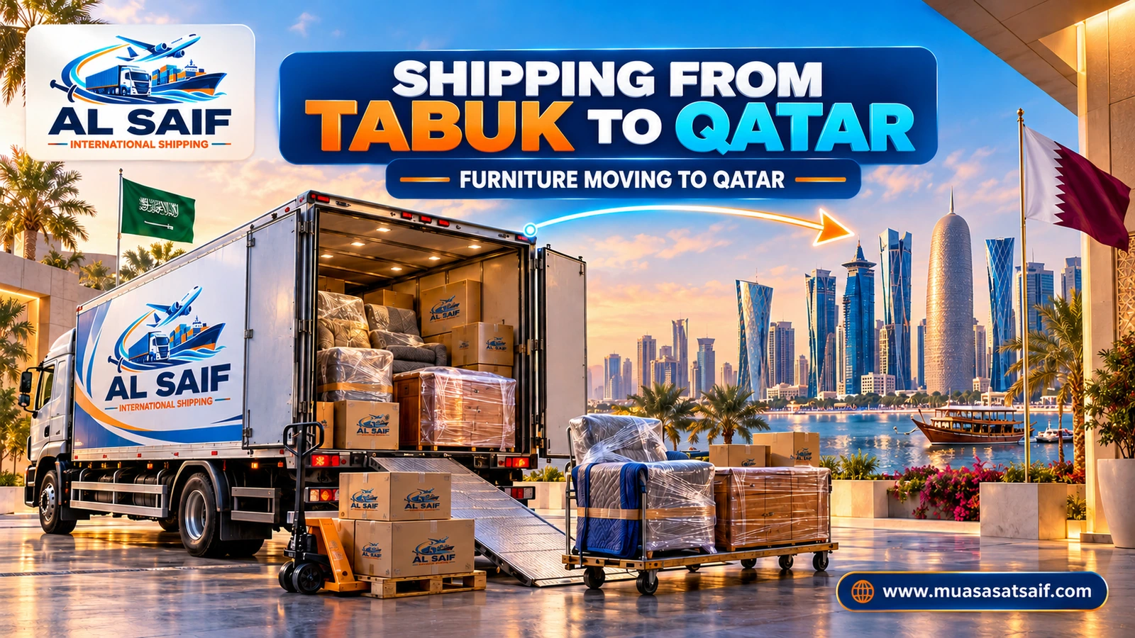 Loading household furniture in Tabuk onto a moving truck to Qatar — Al Saif