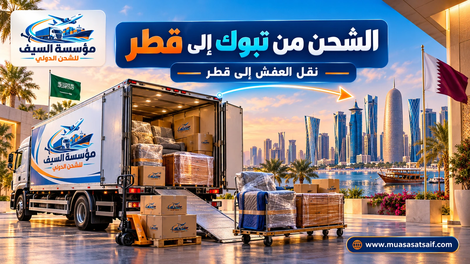 تحميل أثاث منزل من تبوك في شاحنة نقل إلى قطر — مؤسسة السيف