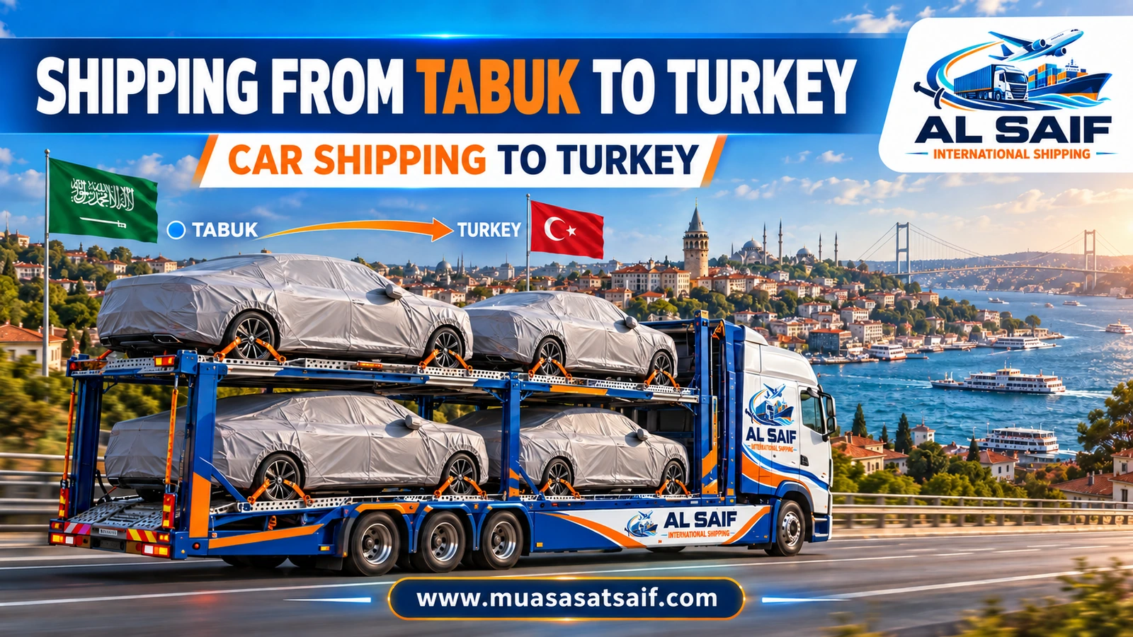 A covered car in a professional loading yard before shipping from Tabuk to Turkey — Al Saif