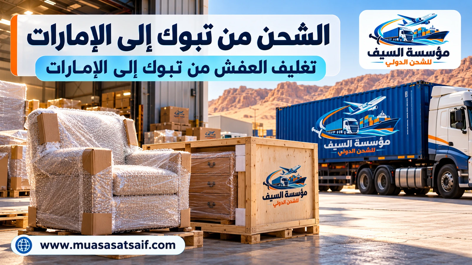 تغليف الأثاث في تبوك قبل الشحن إلى الإمارات — مؤسسة السيف