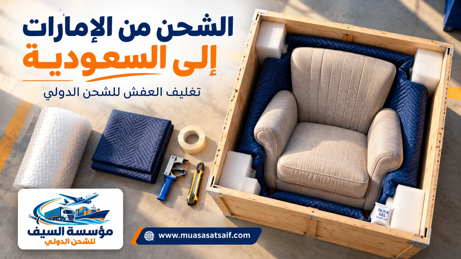تغليف الأثاث قبل الشحن من الإمارات إلى السعودية — مؤسسة السيف