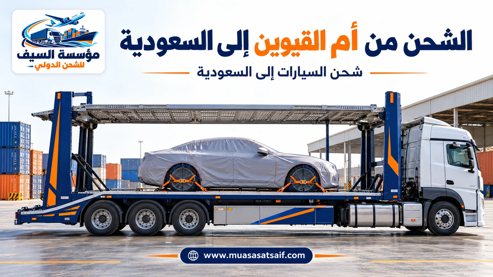 شحن السيارات من أم القيوين إلى السعودية على ناقلة احترافية — مؤسسة السيف