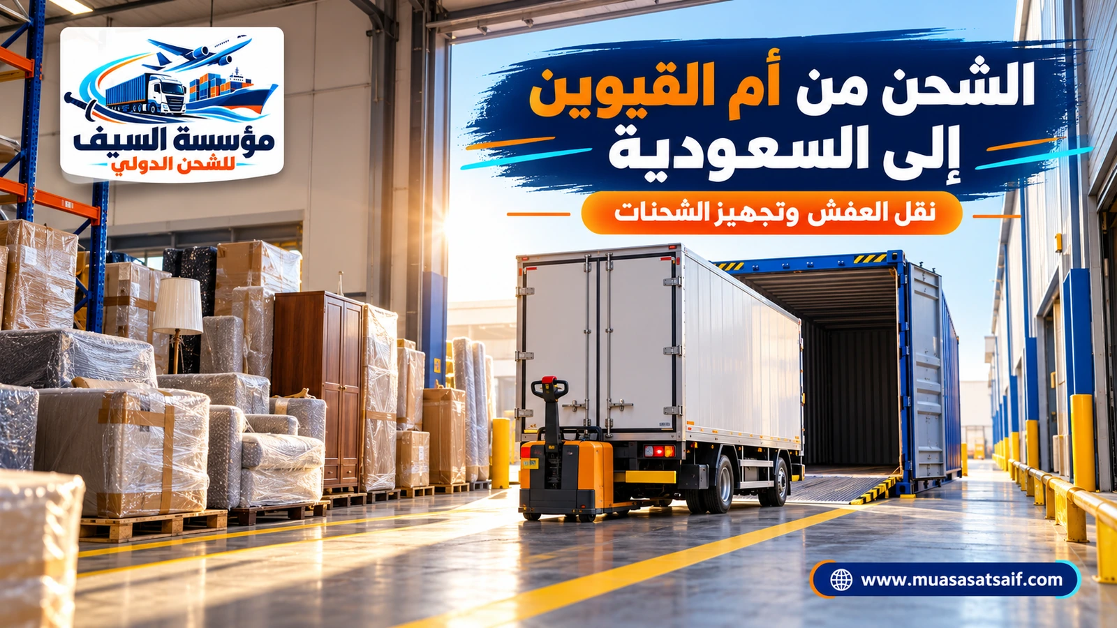 نقل الأثاث من أم القيوين إلى السعودية بشاحنة مغلقة — مؤسسة السيف