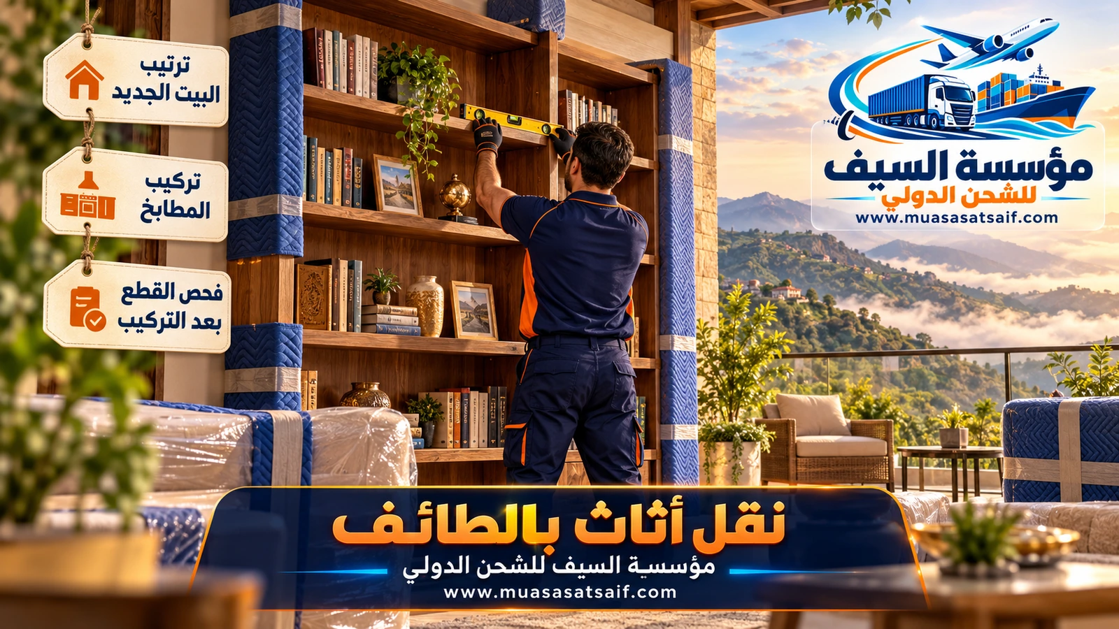 نجار يركب دولاباً في فيلا جديدة بالحوية بعد نقل العفش من وسط الطائف