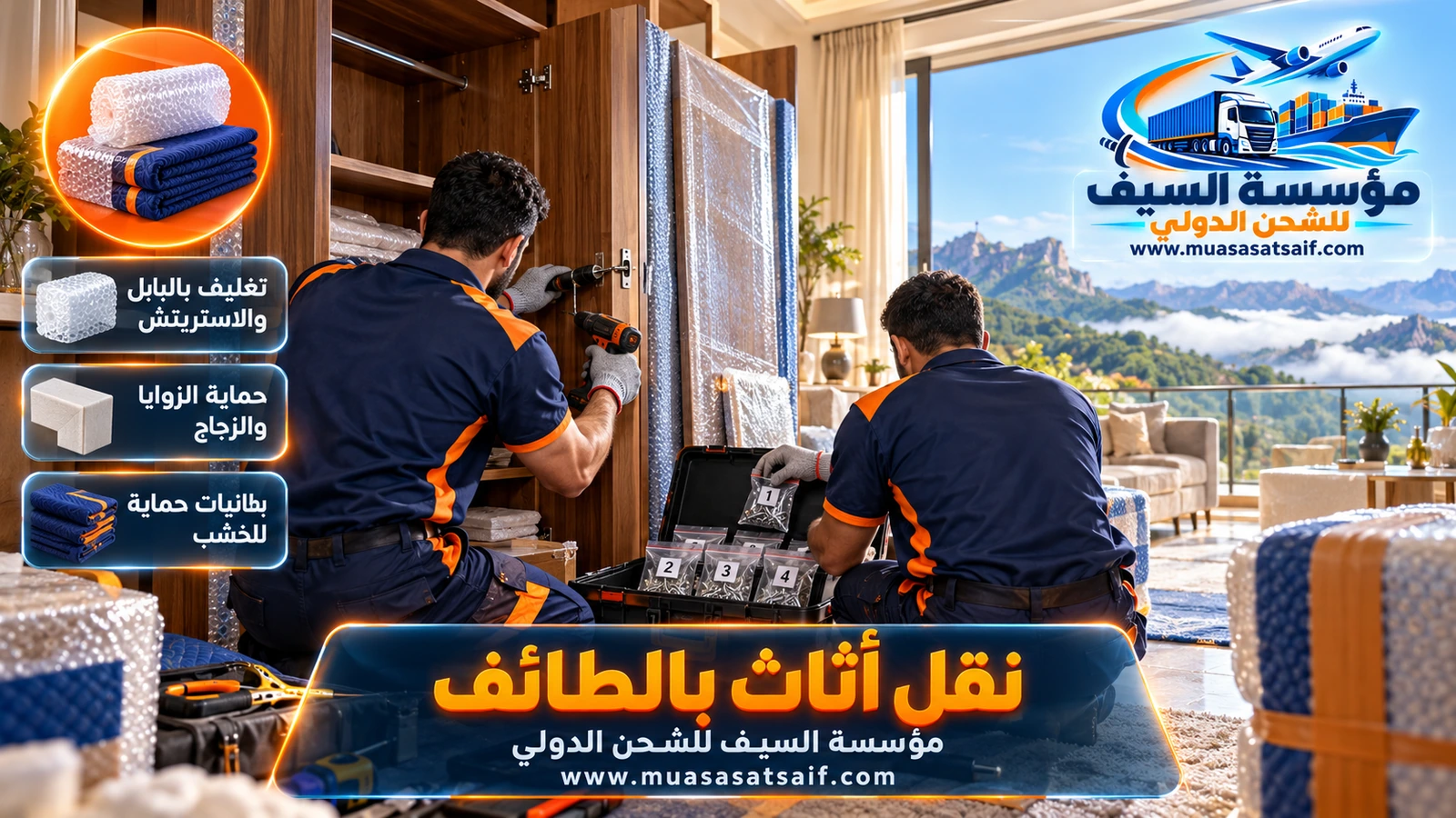 تغليف الأثاث بالبطانيات والنايلون لحمايته من ضباب الشفا ومطر الطائف