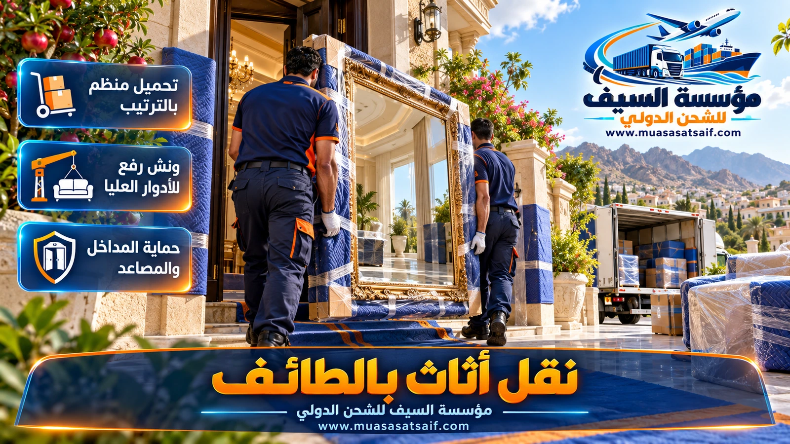 تحميل الأثاث وربطه بالأحزمة في دينا مغلقة قبل صعود طريق الهدا بالطائف