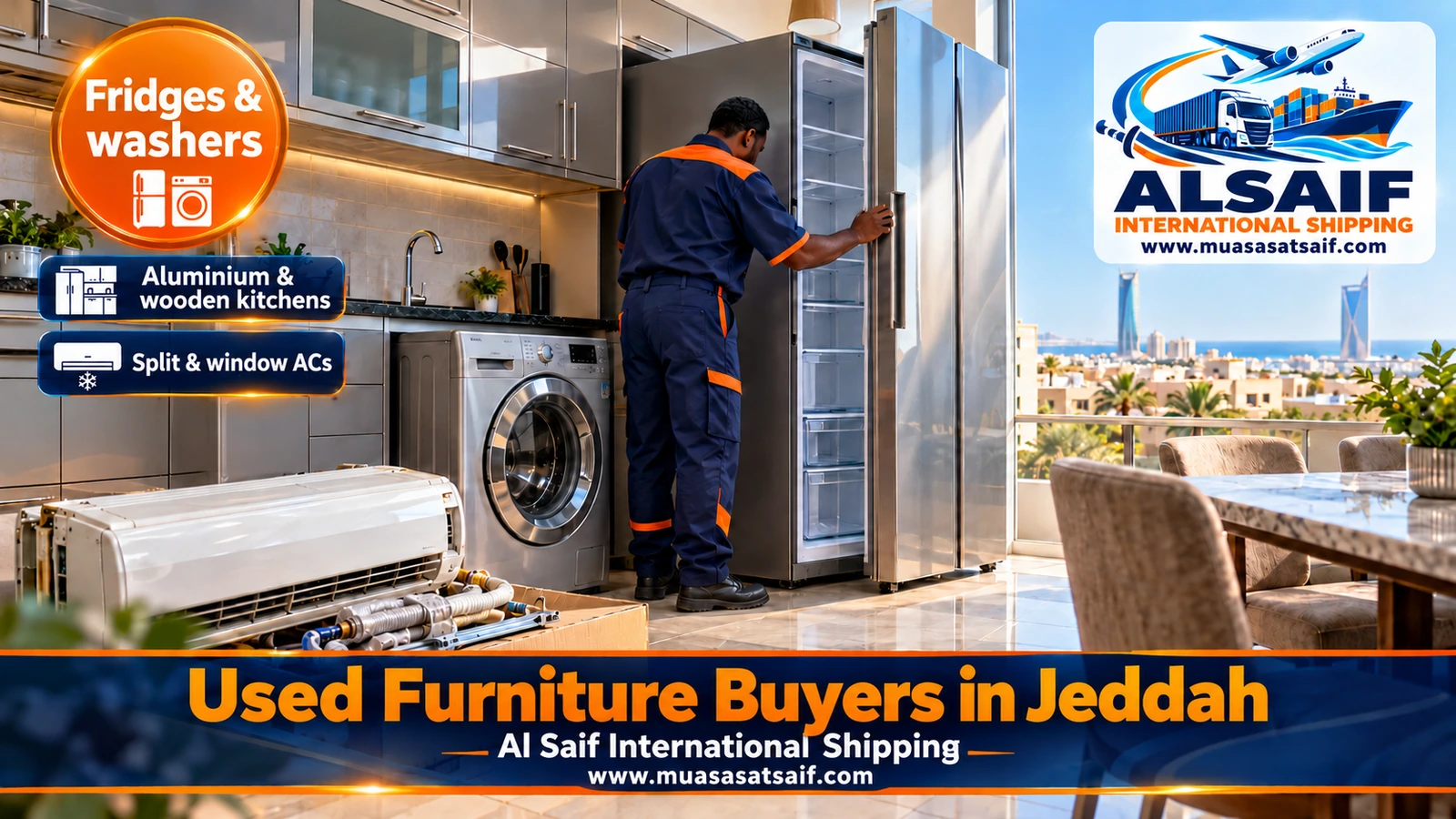 A fridge, washing machine, split AC and aluminium kitchen included in a used appliance purchase in Jeddah