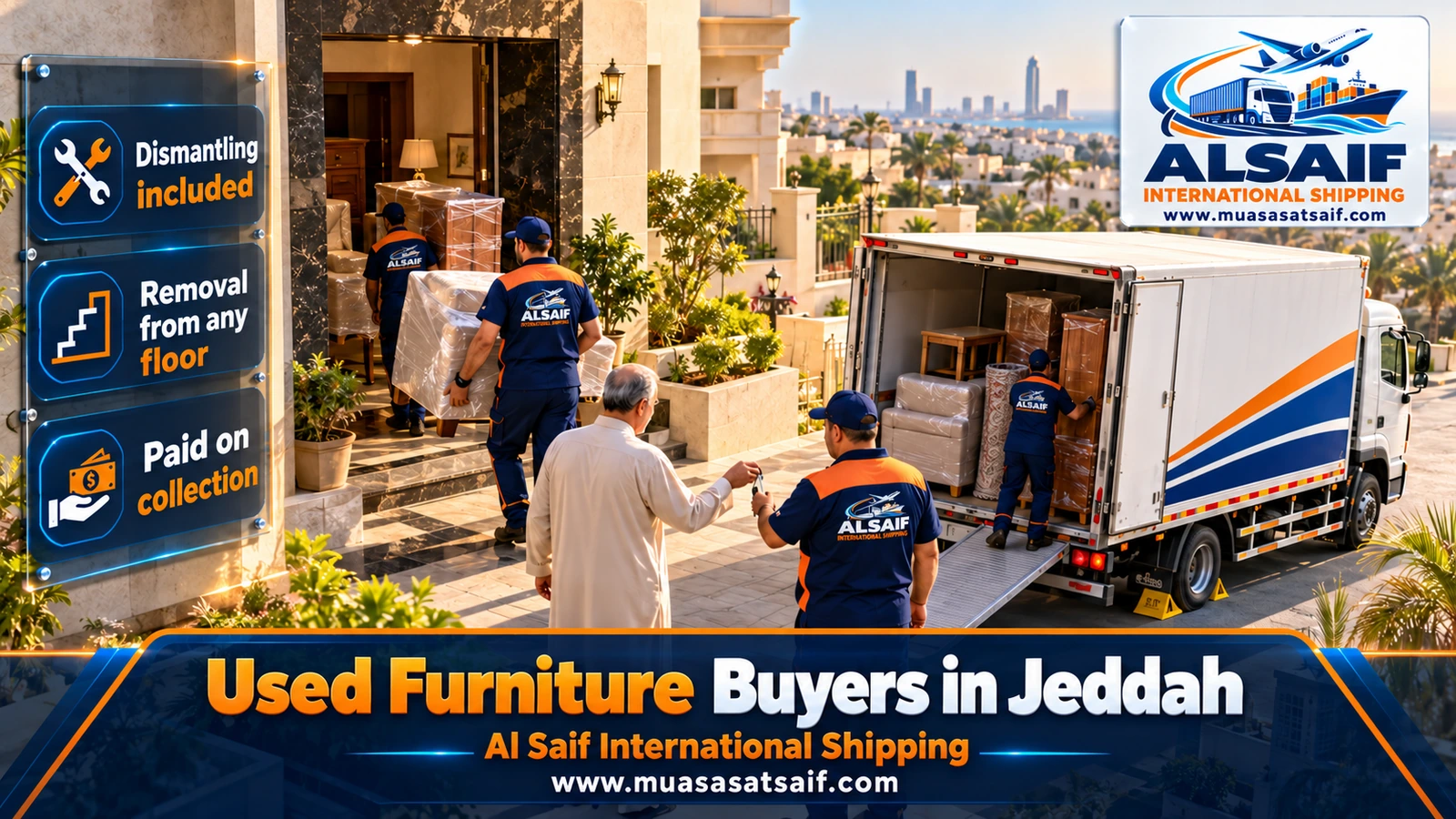 Muasasat Al Saif crew dismantling and loading purchased used furniture into a truck outside a Jeddah building
