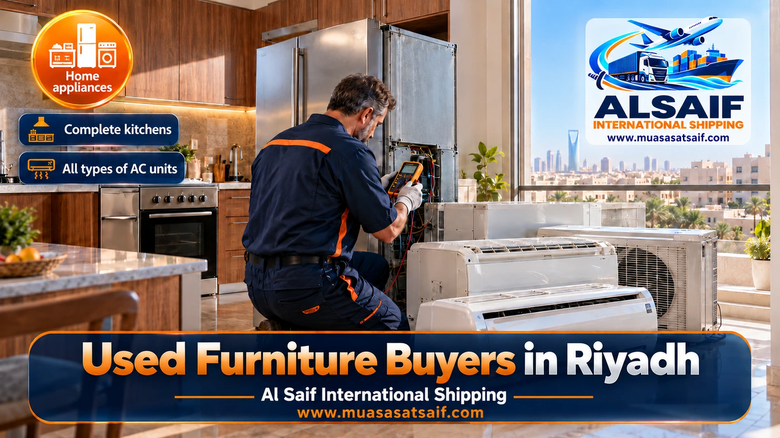 Window and split AC units, a fridge and a wooden kitchen included in a used appliance purchase in Riyadh