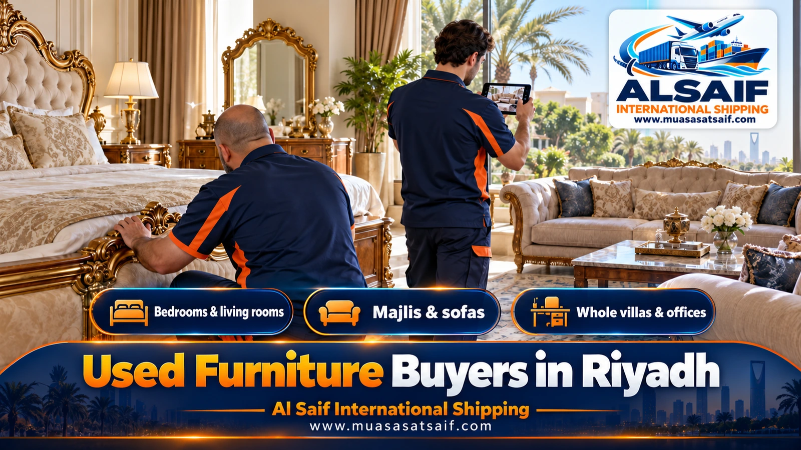 A used bedroom set and majlis in good condition being valued by used furniture buyers in Riyadh