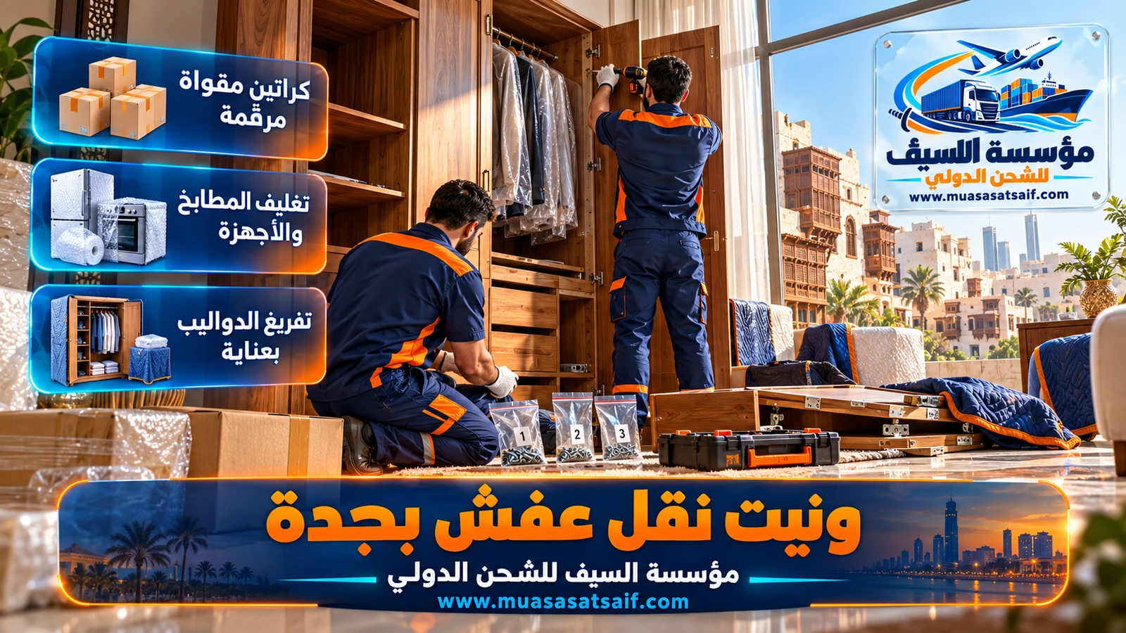 تغليف كنبة ومكتب بالنايلون والبطانيات قبل نقلهما بونيت في جدة