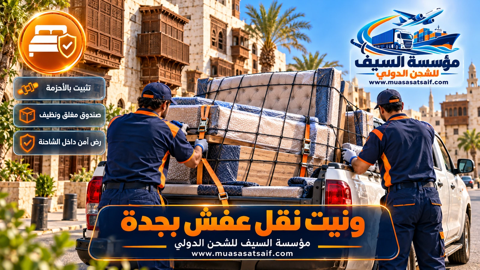 تحميل ثلاجة وغسالة في ونيت نقل عفش بجدة وتثبيتهما بالأحزمة