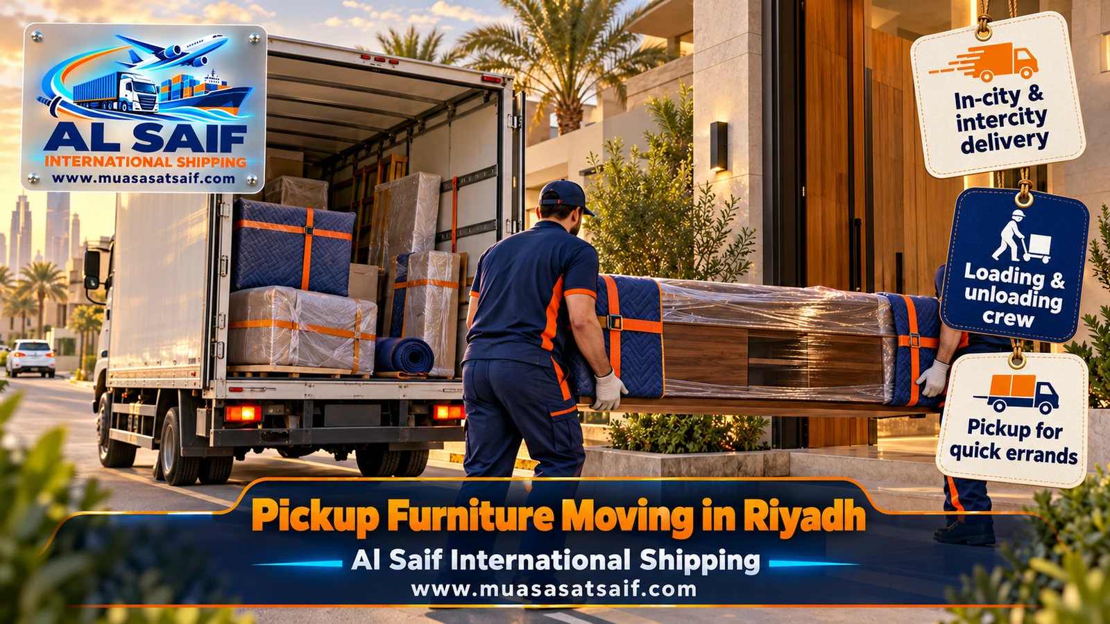 Pickup delivery of furniture handed over to a customer outside his home in Riyadh