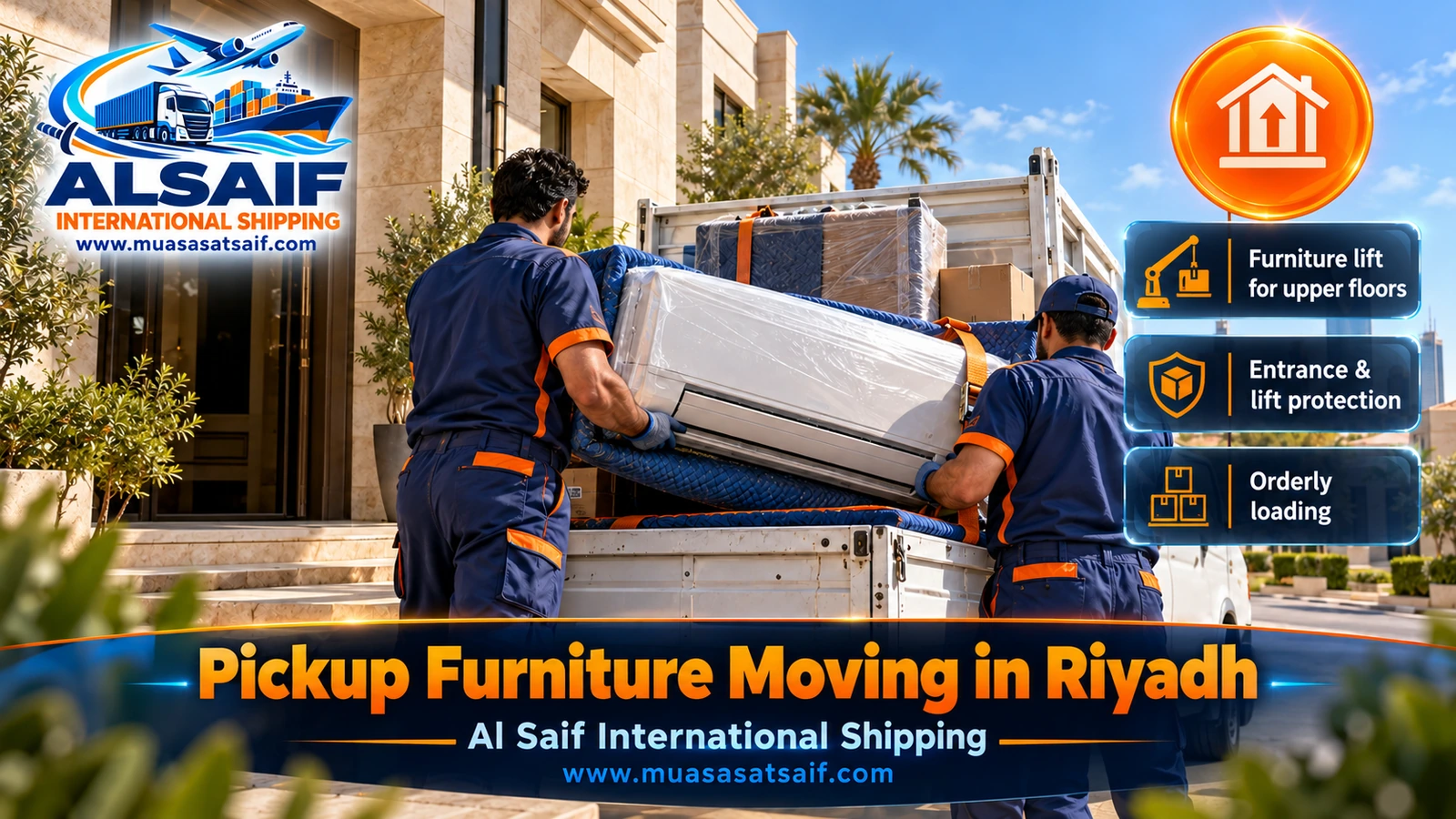 Loading a fridge and washing machine onto a pickup in Riyadh and securing them with straps